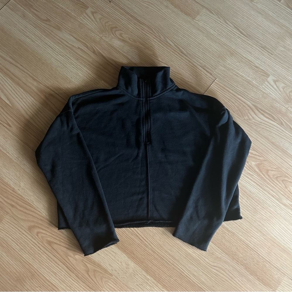 Aerie Black Fleece Oversized Quarter Zip Cropped Pullover Small